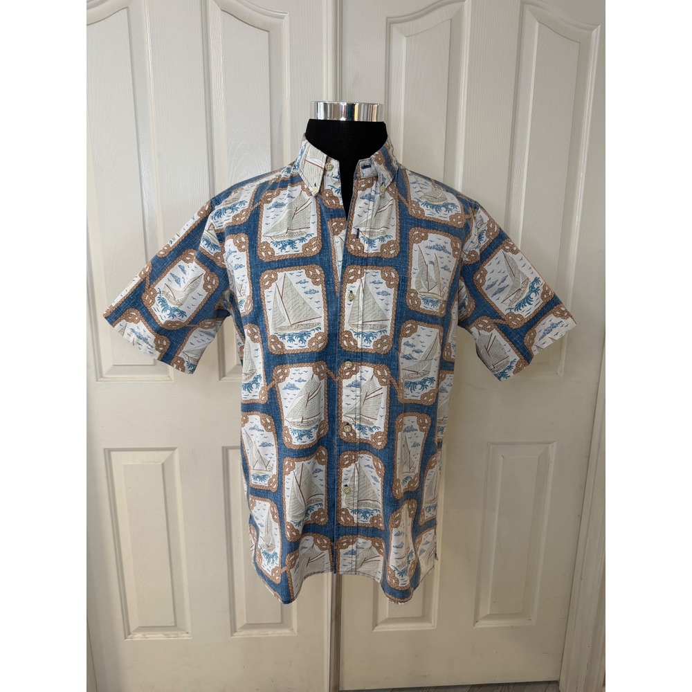 Vintage Reyn Spooner Dietrich Varez Sailboat Print Button Down Shirt Blue Mens L